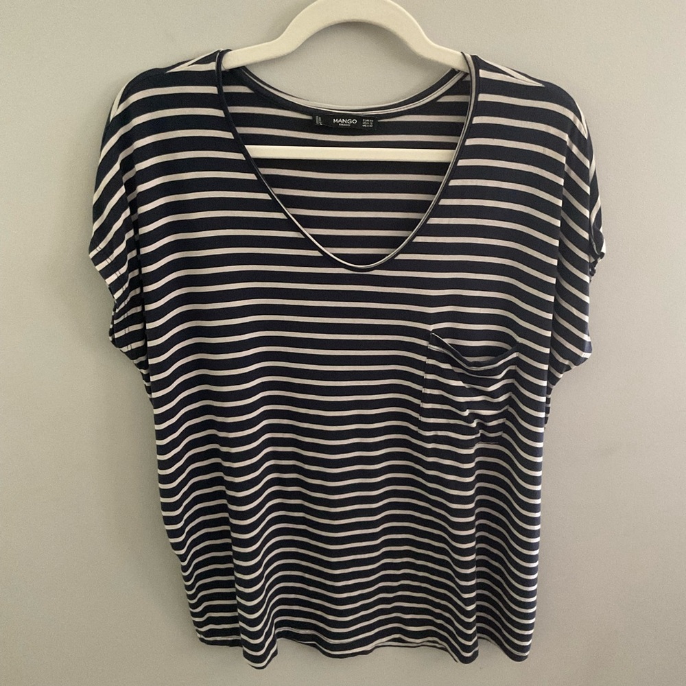 Mango Navy and White Striped Short Sleeve Tee